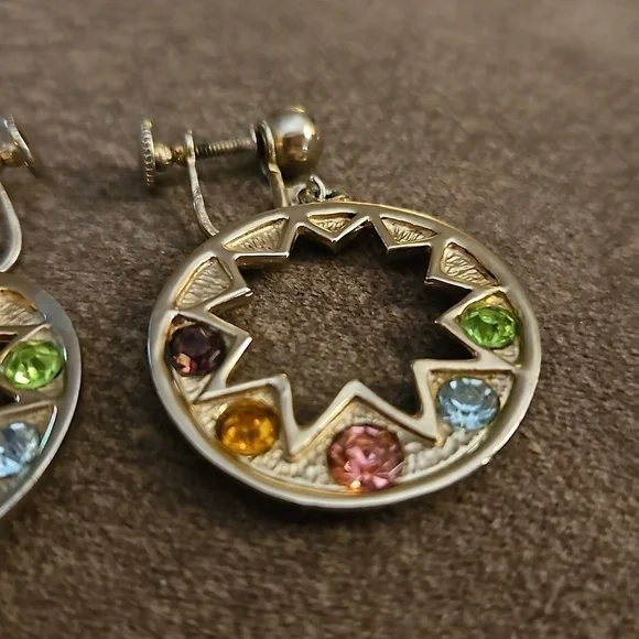 Antique 1920s Art Noveau Atomic Star Rainbow Rhinestone Screw-on Nebula Earrings - Picture 4 of 6